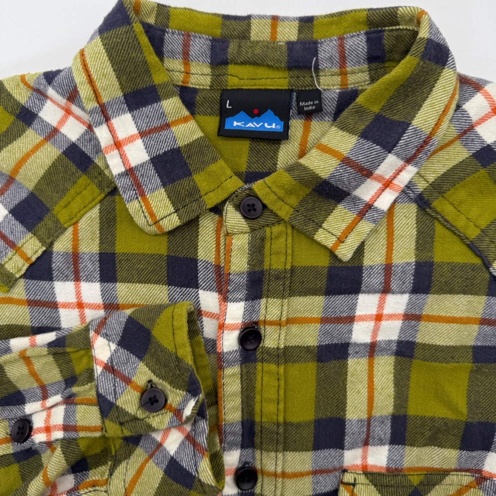 Kavu Flannel Shirt Mens Large Green Plaid‎ Western Yoke Button Up Long Sleeve